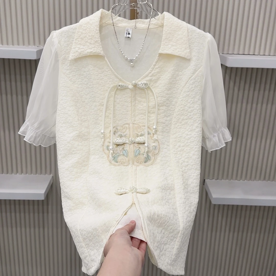 2025春季新款中式国风盘扣大码V领宽松显瘦百搭短袖半袖T恤