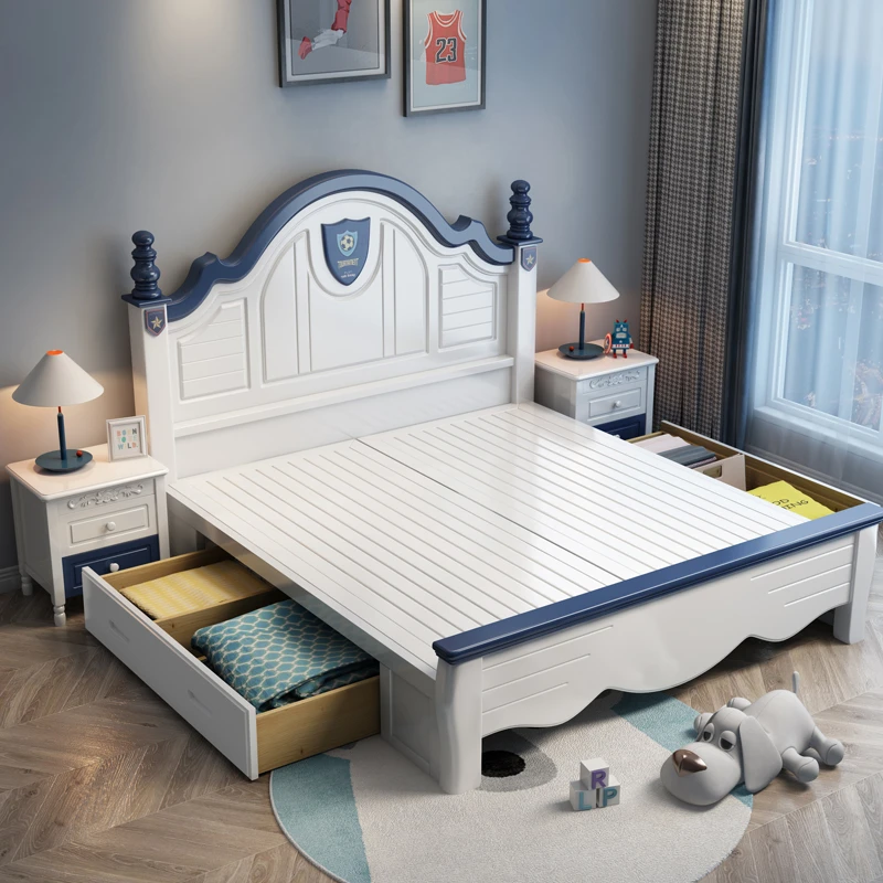 简约风主卧高箱实木儿童床男孩美式青少年男孩单人床橡胶木6-18岁