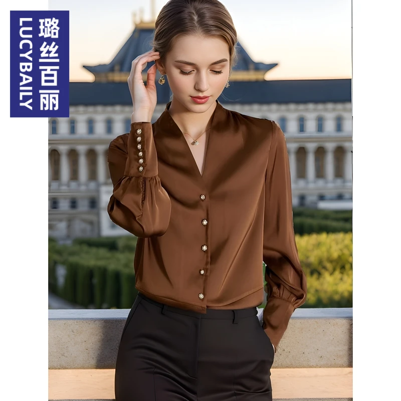 璐丝百丽 242840 长袖衬衫高级感百搭棕色V领高级感时髦上衣