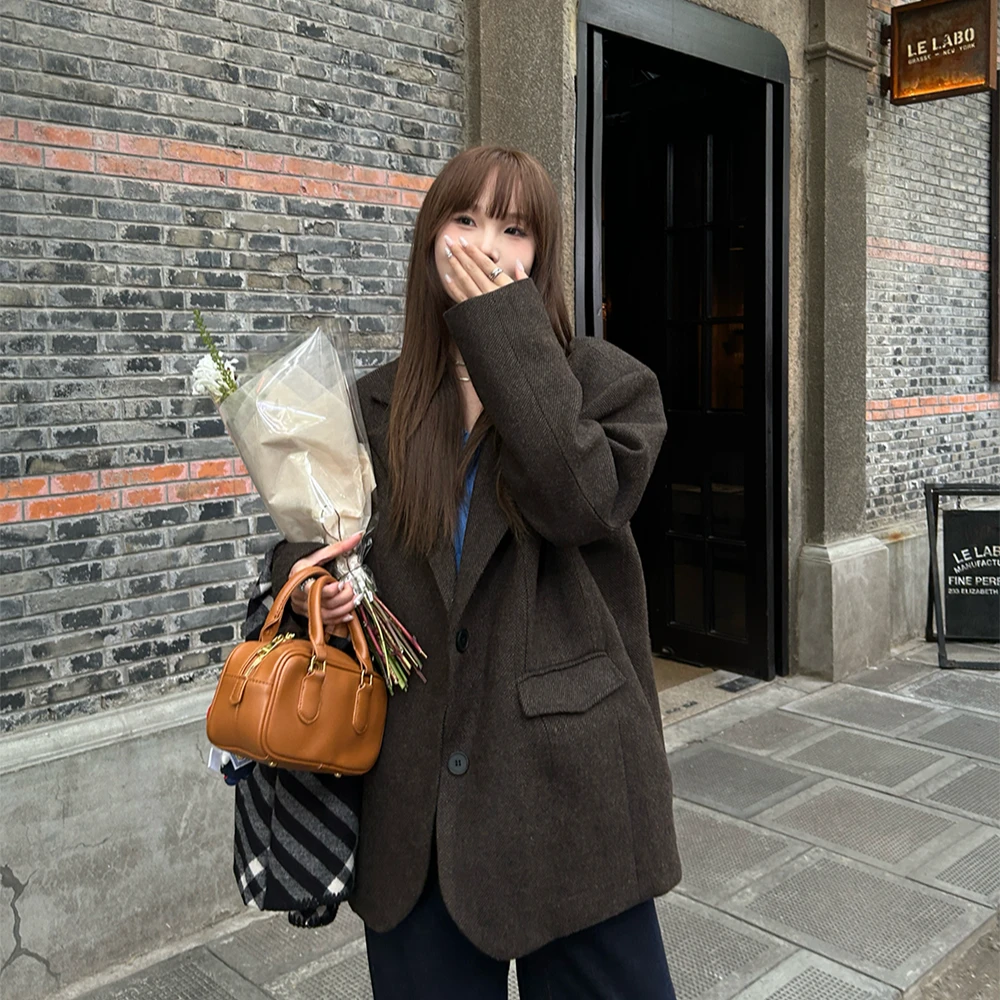 D YANGJUN 上衣女装2024年新款冬季宽松棕色时尚经典驳领西装外套