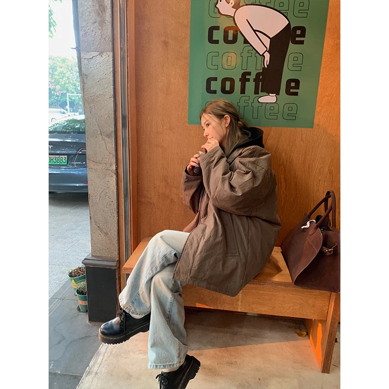 D YANGJUN 棕色美式长袖外套棉服显瘦宽松中长款百搭立领棉衣棉袄
