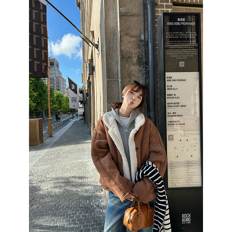 D YANGJUN 2024冬季新款棕色保暖皮毛一体外套复古短外套女