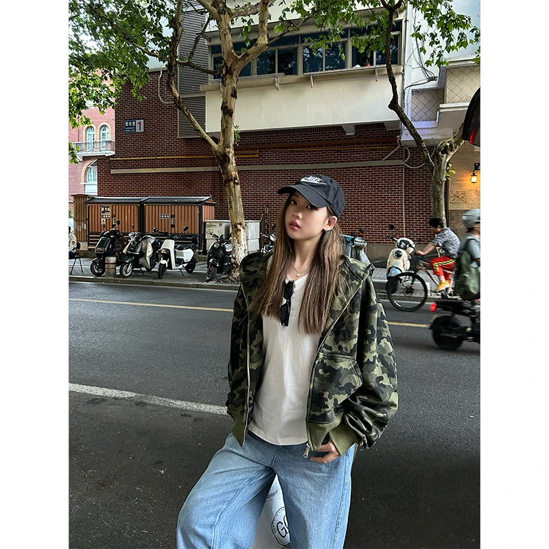 D YANGJUN 迷彩连帽开衫卫衣女2024早秋新款宽松拉链短外套上衣