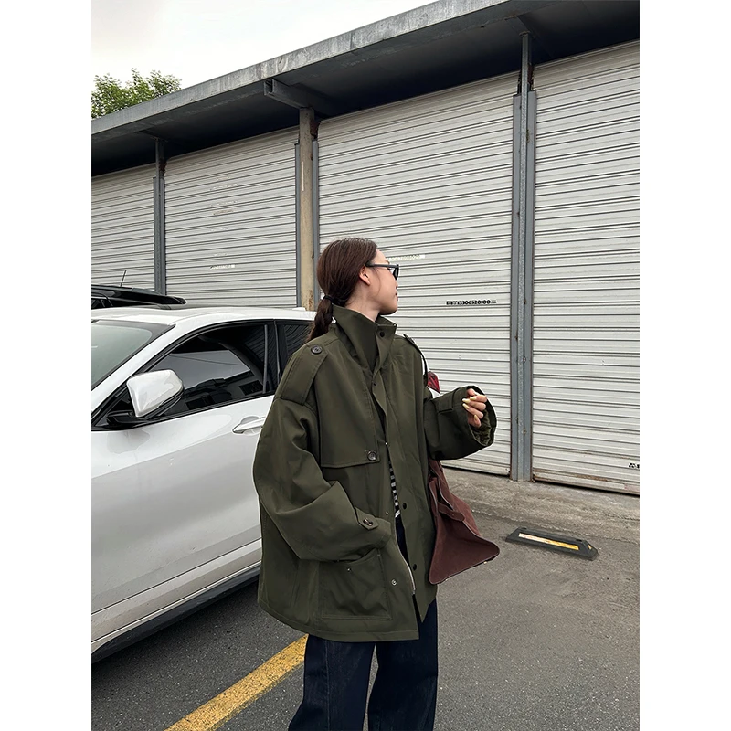 D YANGJUN 棉服女2024年新款秋冬季宽松军绿色立领工装夹克外套