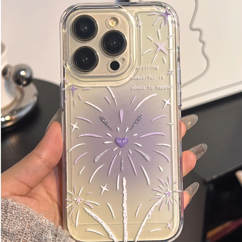 可爱紫色烟花适用苹果14promax手机壳iphone15透明13简约12全包软