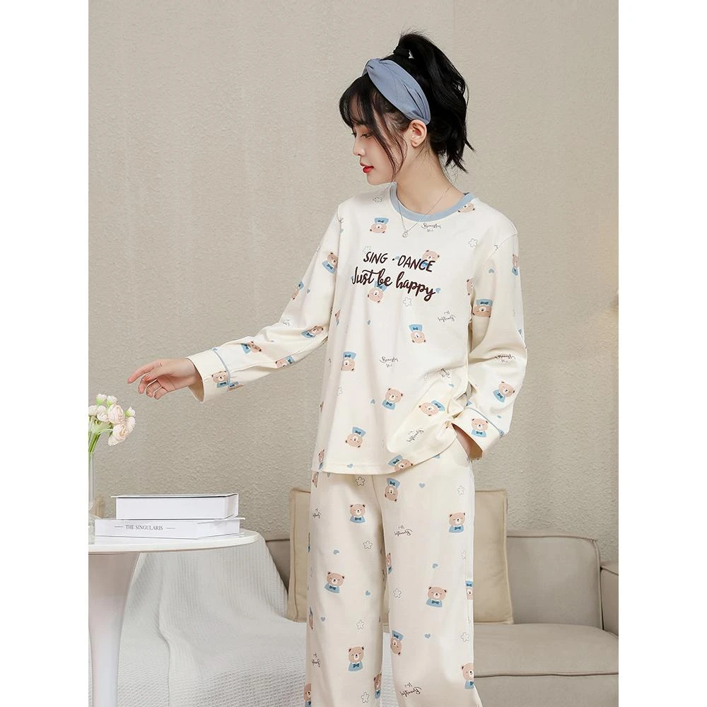 睡衣女纯棉春秋款长袖长裤套头套装圆领全棉印花可外穿春夏家居服