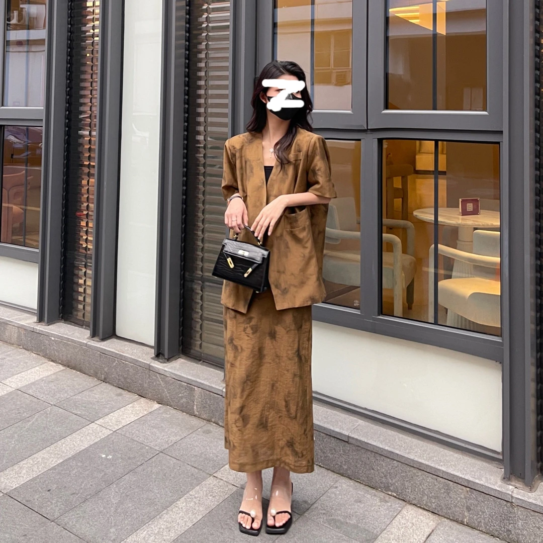 夏季休闲西装套装女新中式国风复古外套时尚西装半身裙两件套女