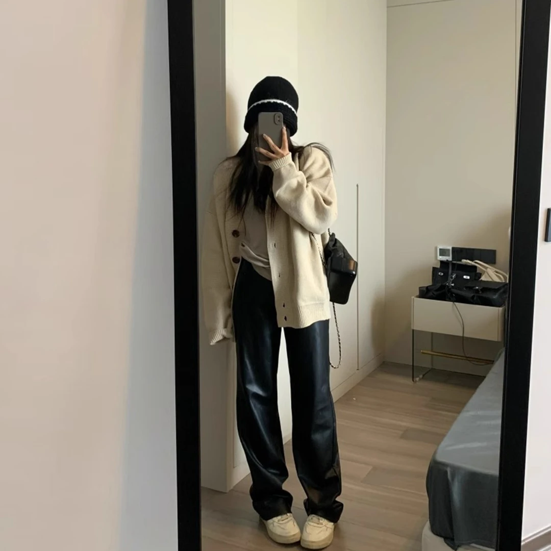 加绒款窄版皮裤2023秋冬新款加厚时尚黑色显瘦高腰直筒裤休闲长裤