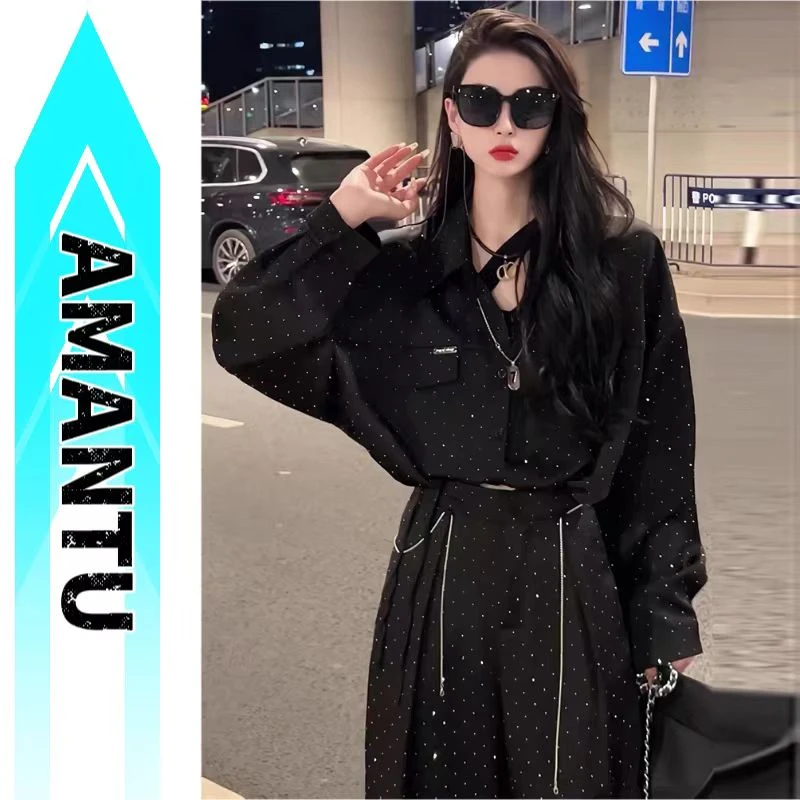 高级感重工烫钻衬衫套装秋气质显瘦工装上衣阔腿拖地裤两件套457