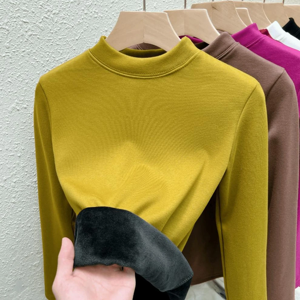 【加绒】秋冬保暖打底衫女洋气长袖半高领韩版修身加厚上衣百搭纯色