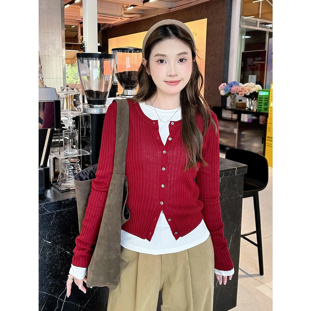 尔给夏末初秋休闲针织开衫外套女长袖短款百搭薄款修身显瘦针织衫