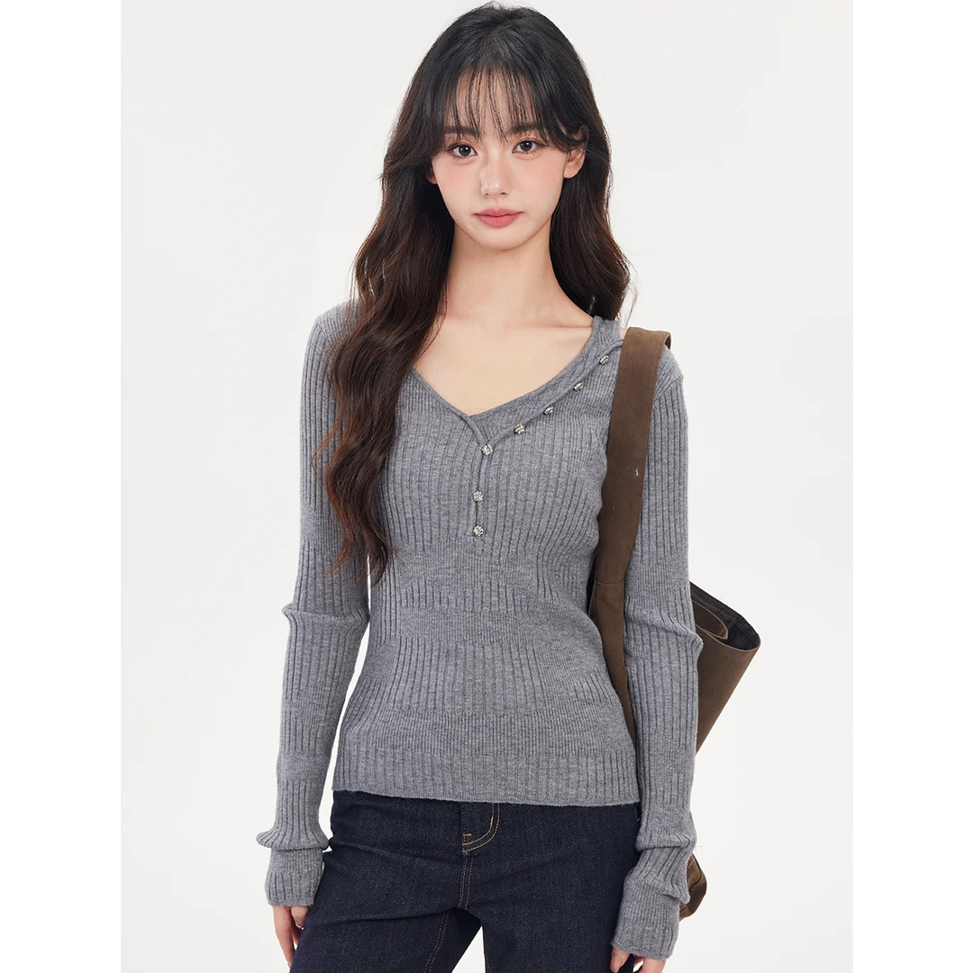 秋季毛针织衫女显瘦长袖设计感百搭复古修身套头时尚v领气质上衣