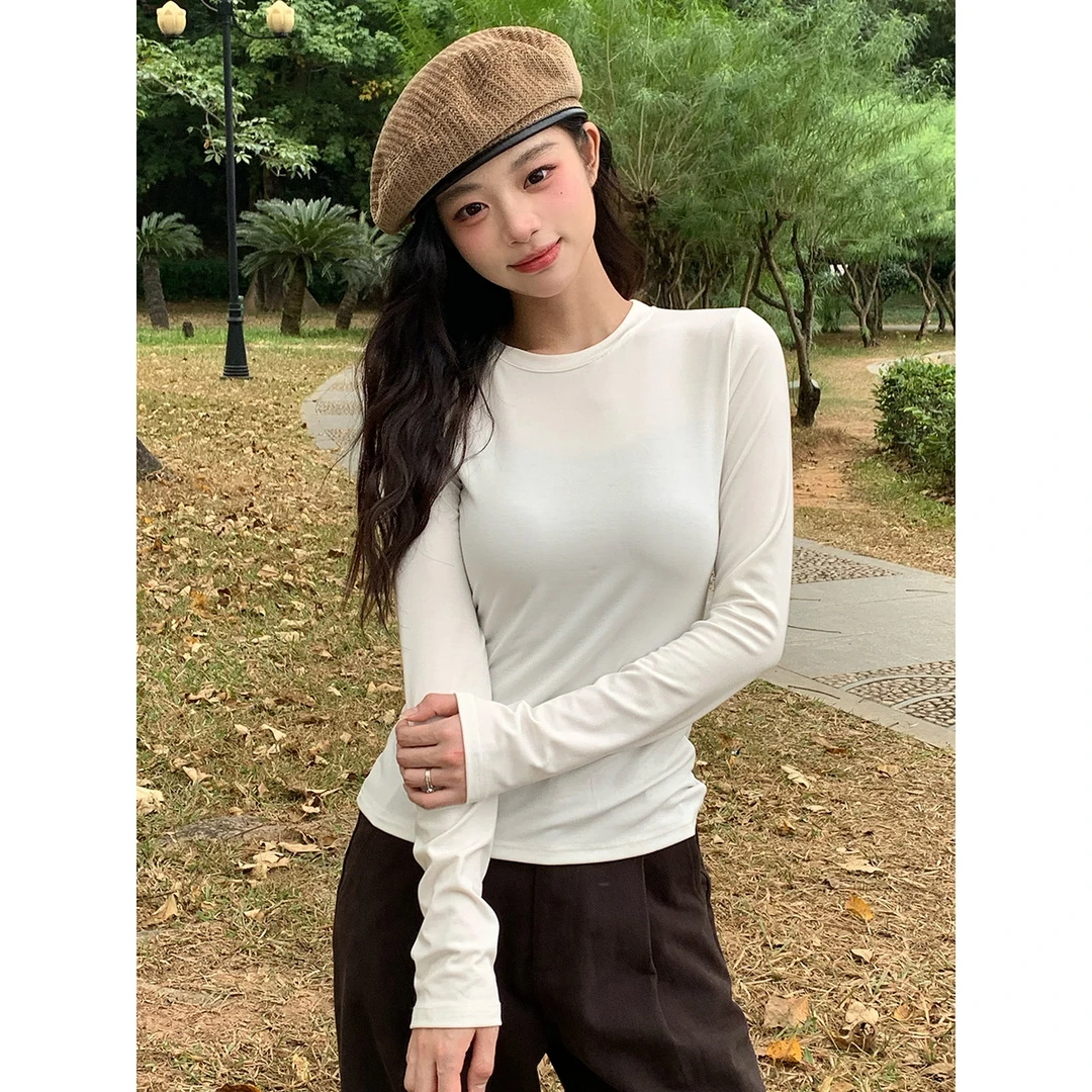 尔给秋季长袖白色莱赛尔针织打底衫女气质休闲百搭纯色T恤上衣