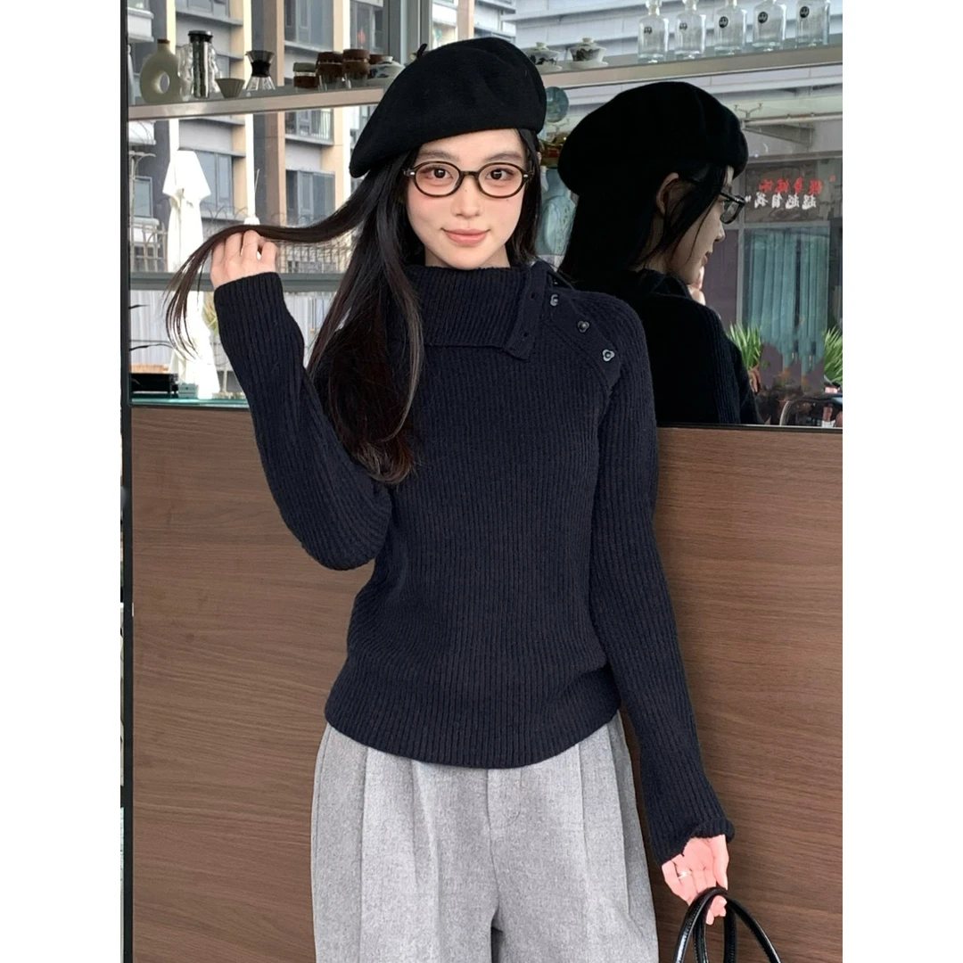 尔给秋冬加厚设计感不规则毛衣女黑色显瘦长袖时尚修身宽松针织衫