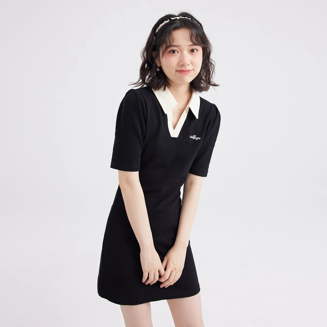 尔给时尚夏季黑色小众收腰修身设计感polo裙女装连衣裙显瘦气质