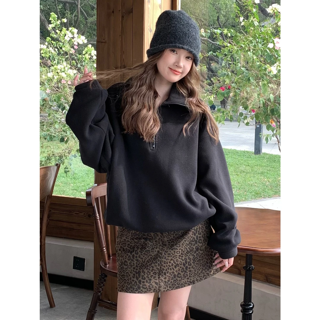 尔给秋冬半拉链翻领加绒加厚卫衣女百搭宽松慵懒风设计感长袖上衣