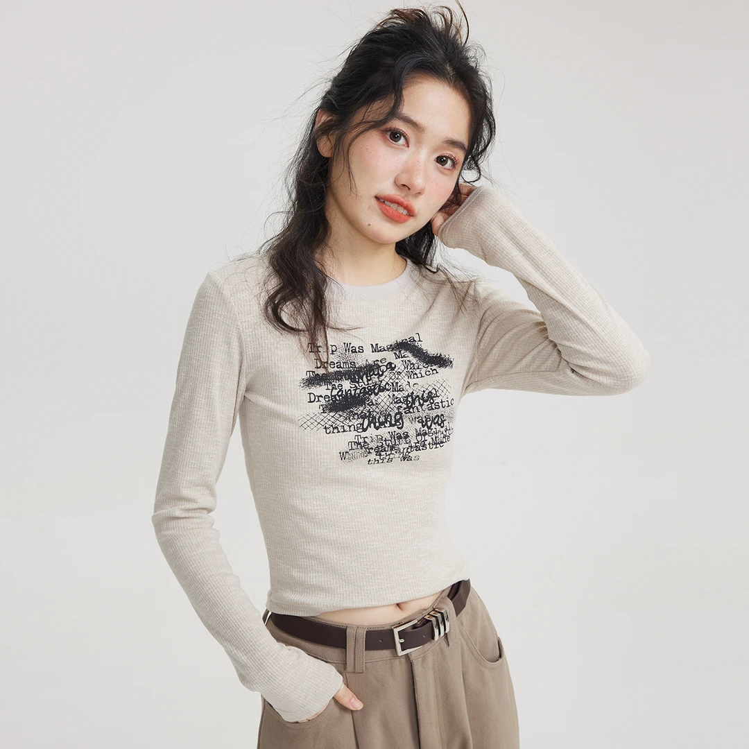 尔给显瘦印花套头长袖圆领修身上衣女春秋时尚韩版美洋秋冬