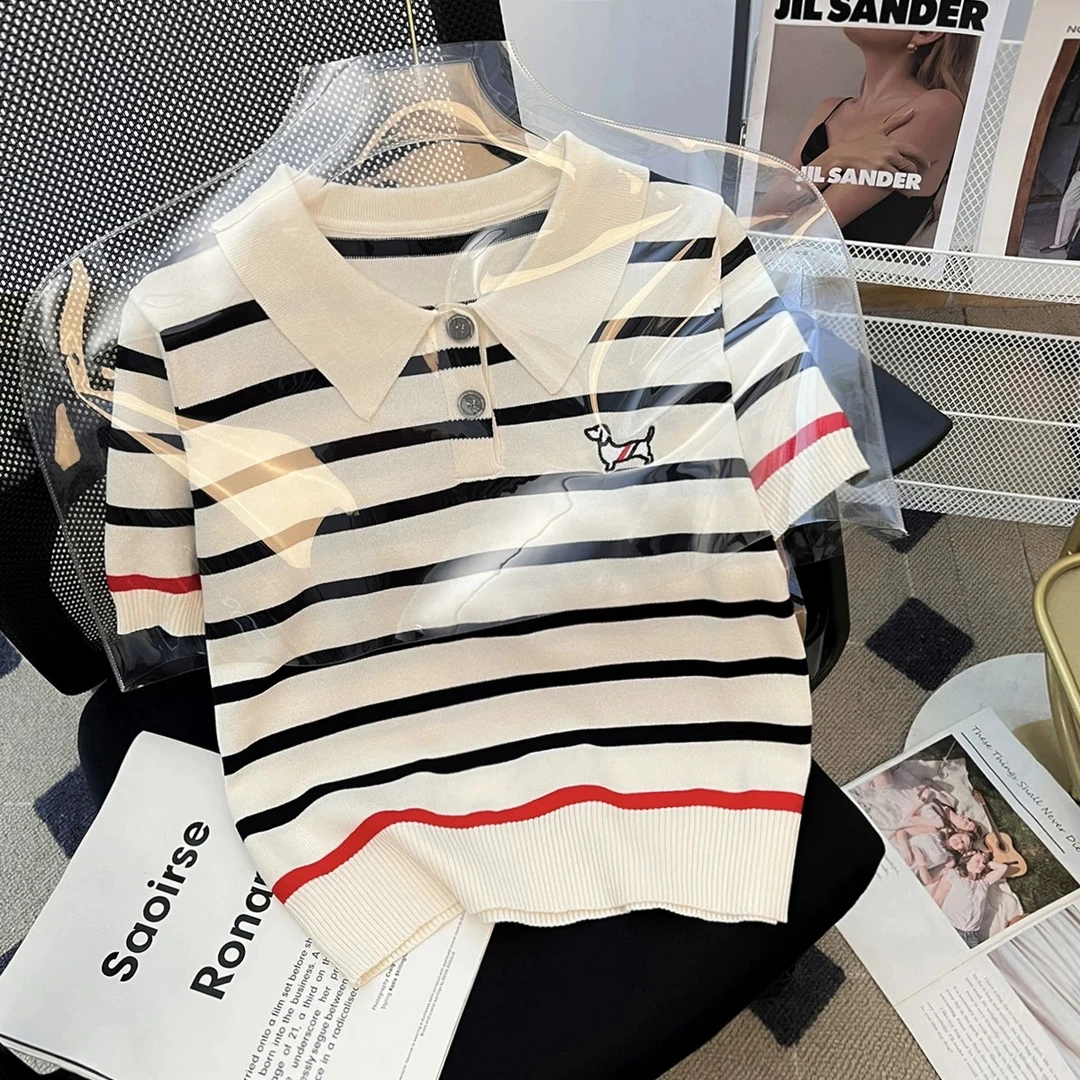 新款条纹撞色polo领套头上衣