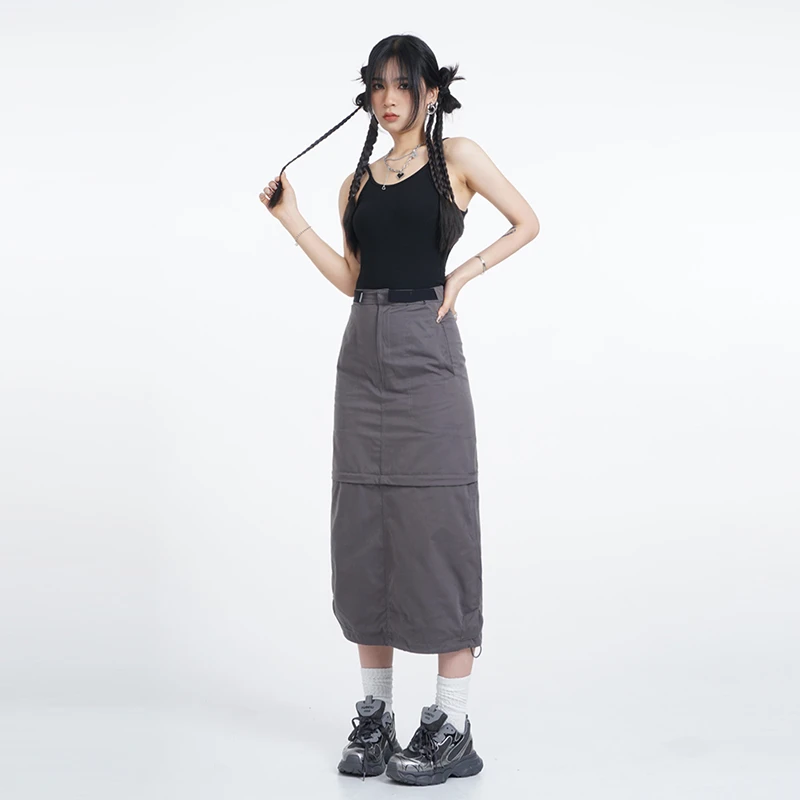 Bella风高腰辣妹灰色工装半身裙女夏重工可拆卸两穿百搭美式长裙