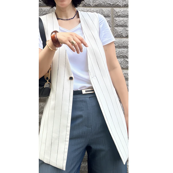 JSTZ  进口亚麻 静奢极简无领中长款条纹马甲 女   V10L