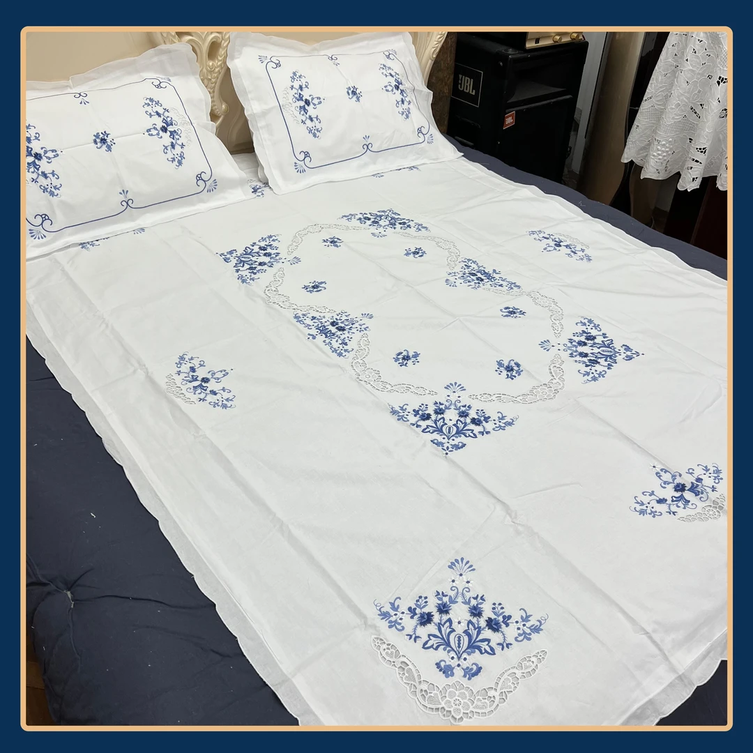 即花蓝色重工刺绣花边被套三件套LQ31棉质(150*200cm+50*70cm)
