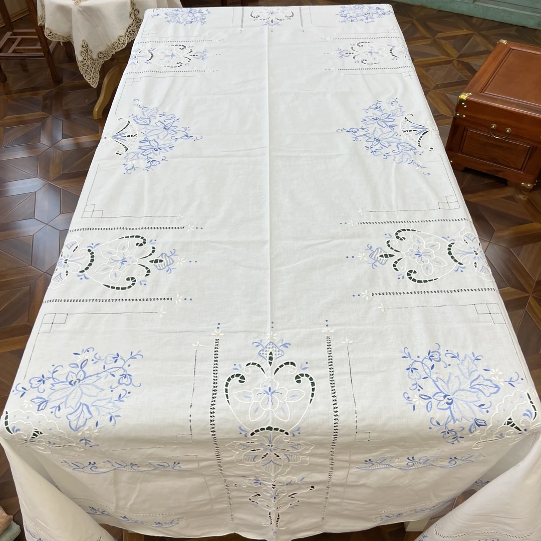 JX076棉麻（176*257cm）粉色手工扎木绣雕平绣抽丝桌布