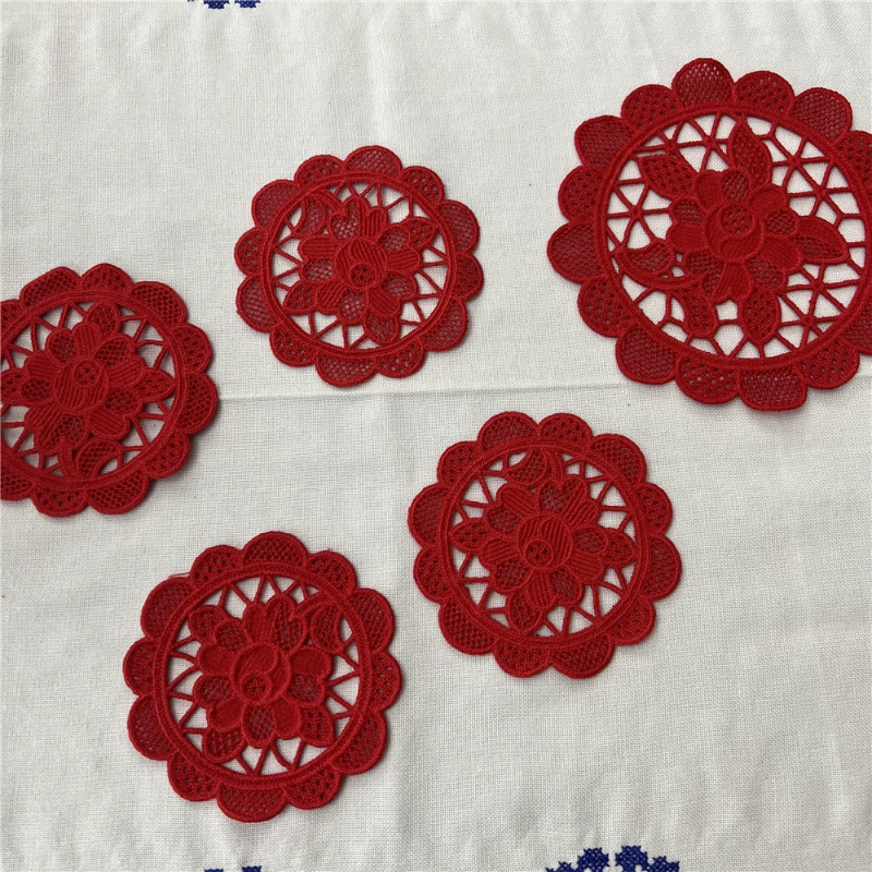 GH5151棉质（10cm*4+15*1圆5个/组）红色仿手工即墨花边杯垫/罩件