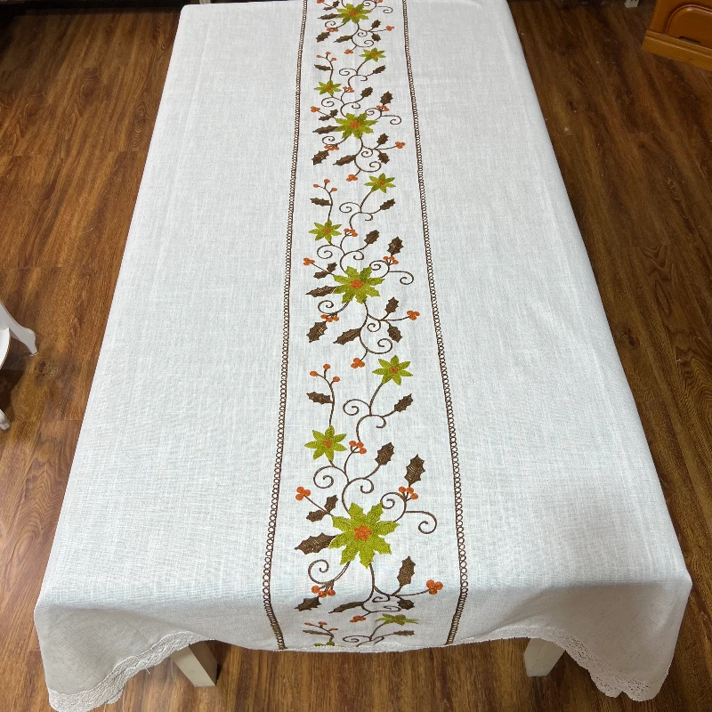 国华家Z114竹节麻(154*200cm)灰麻色毛线刺绣长方形桌布