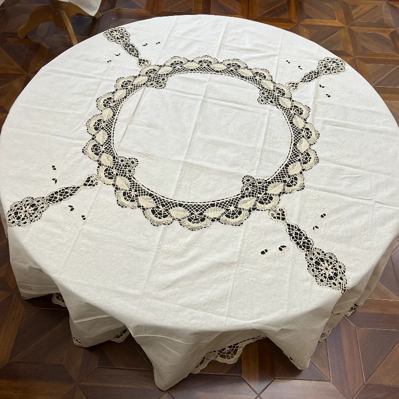 JX148棉麻（220cm圆）米色手工棒槌花边雕平绣桌布