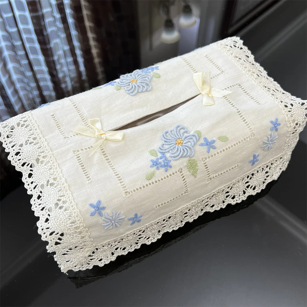 YT02蓝色（28cm方）瑕疵亚麻手工抽丝撸虫绣纸巾盒套DIY