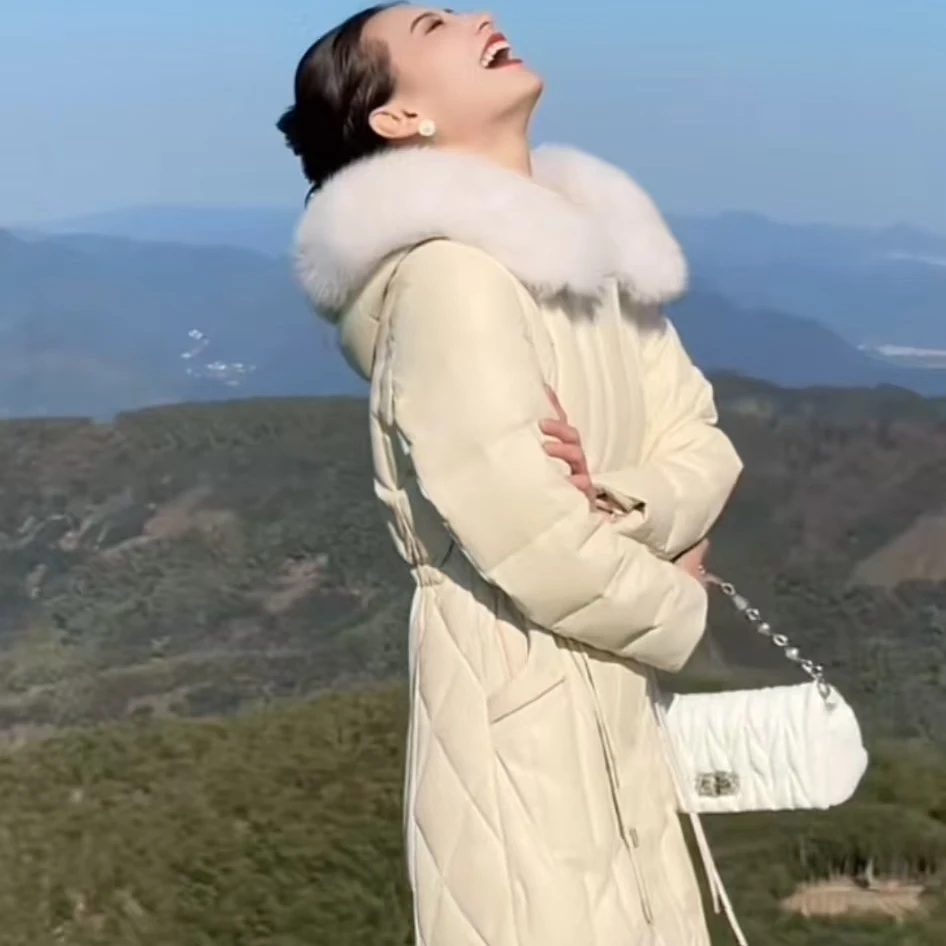 jg6 2024新款时尚潮流女款冬季大毛领收腰连帽女士保暖长款外套