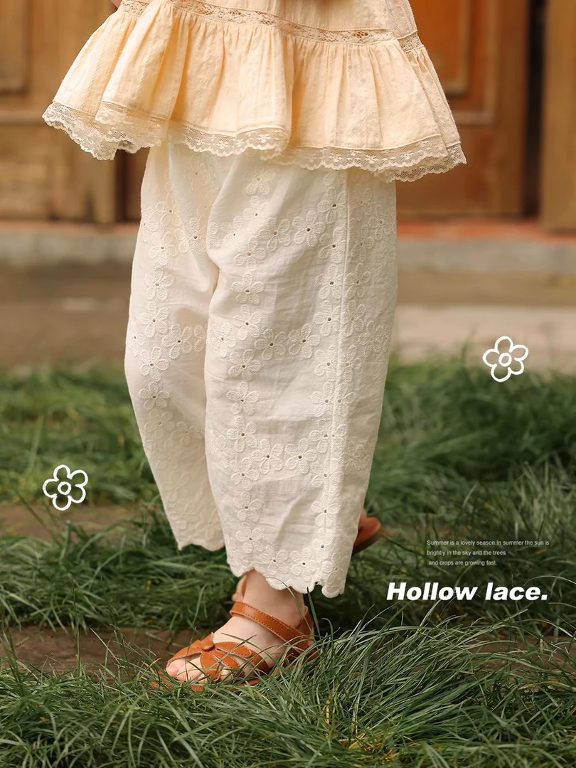 女童棉质复古镂空花边休闲裤公主女童夏季洋气防蚊裤儿童裤子潮