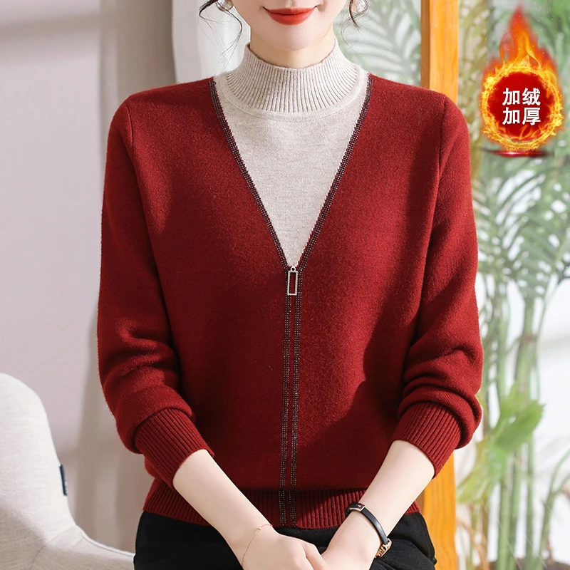 中年妈妈冬装加绒加厚毛衣洋气假两件中老年女装半高领打底衫上衣