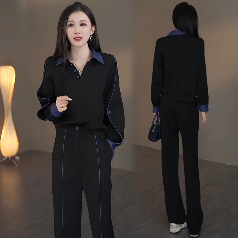 韩版气质牛仔拼接两件套女装春秋新款时髦上衣长裤休闲运动套装