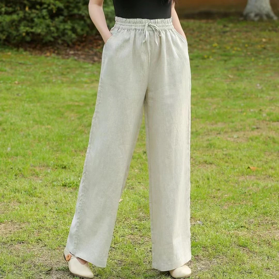 2025年洋气高腰文艺系带休闲阔腿裤女士日女士夏季高腰阔腿哈伦裤