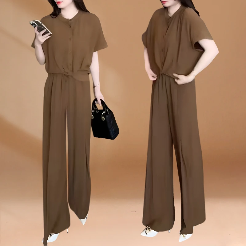 2025夏季新款时尚套装女气质休闲显瘦遮肚女士棉麻高腰阔腿裤套装