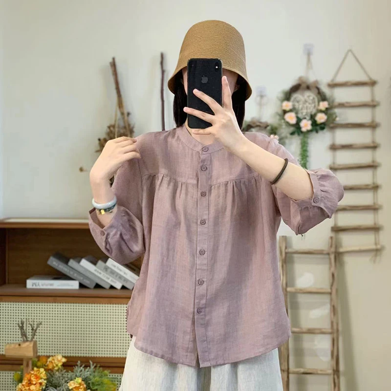 斜纹大码衬衫2025亚麻立领时尚复古文法夏季女士法式立领衬衫