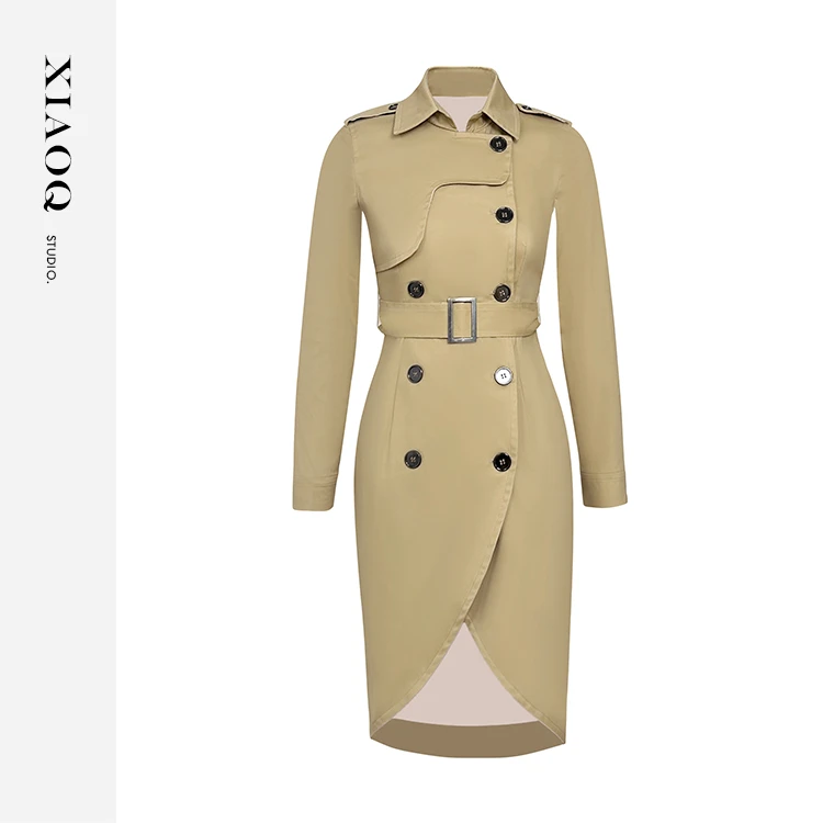 【小Q家】98024欧美风衣中长款双排扣系带时尚气质外套T