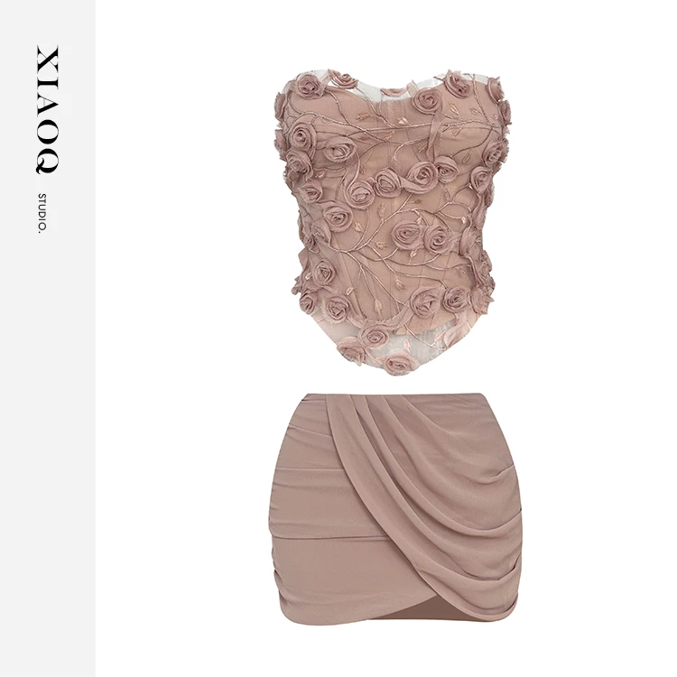 XIAOQ「枯玫瑰诗篇」网纱肌理感立体玫瑰枝蔓刺绣抹胸+短裙86502