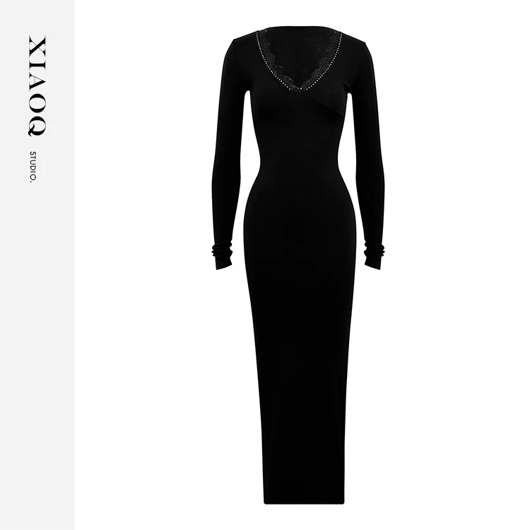 XIAOQ「巴黎左岸」优雅蕾丝V领黑色长袖加绒长款裙子女秋礼服79411T