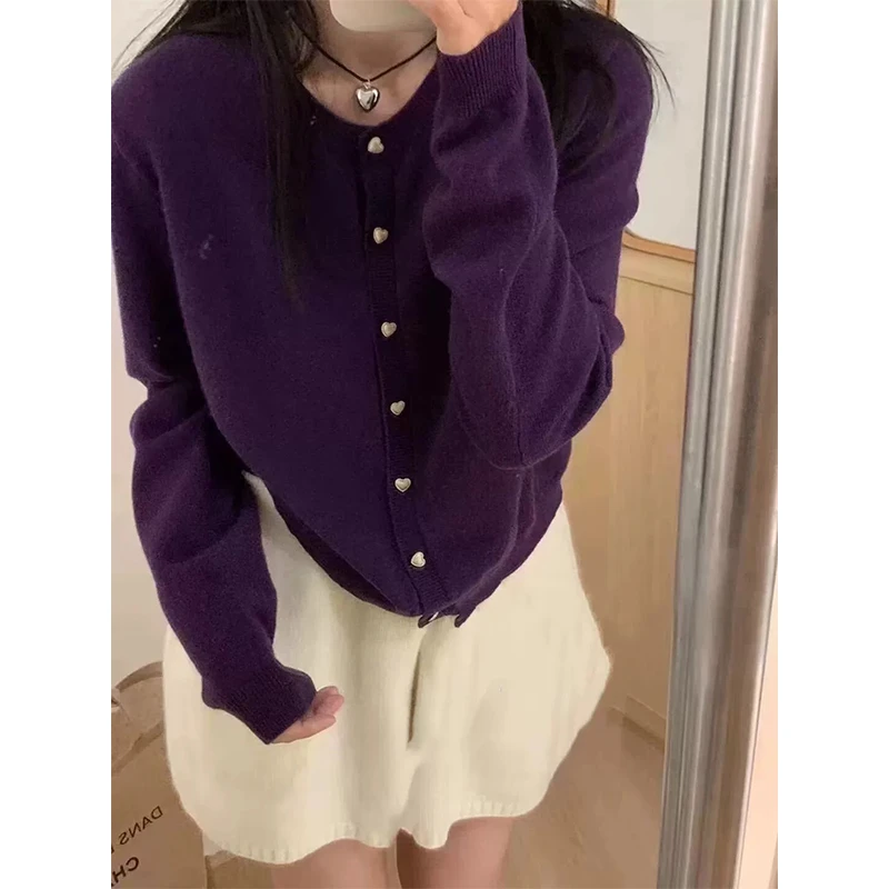 【紫色爱心扣】秋季新款韩系温柔纯色针织开衫