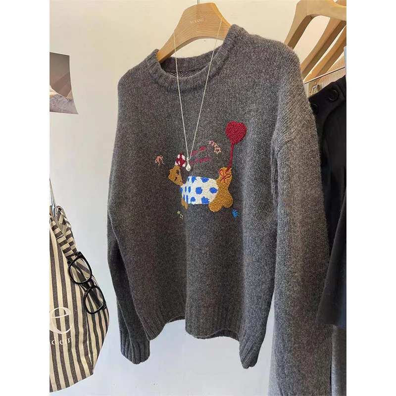 韩系软糯圆领卡通针织套头毛衣 ZK0242