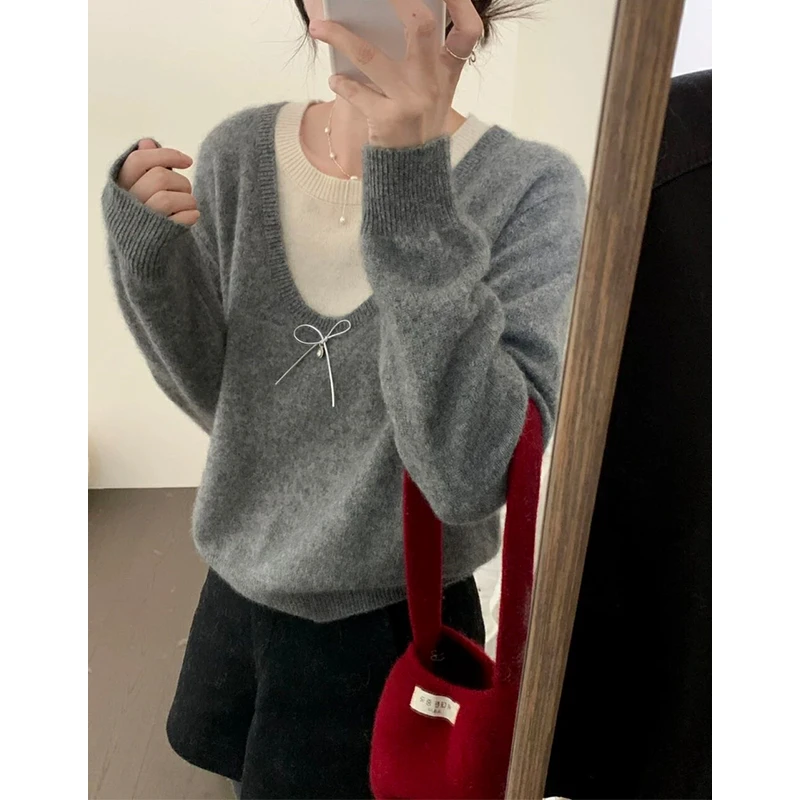 【蝴蝶结假两件】秋冬假两件蝴蝶结设计感软糯针织毛衣