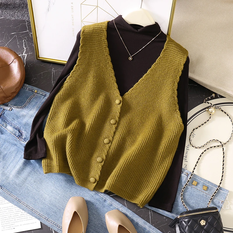 简约V领纽扣针织马甲开衫韩版洋气时尚百搭上衣