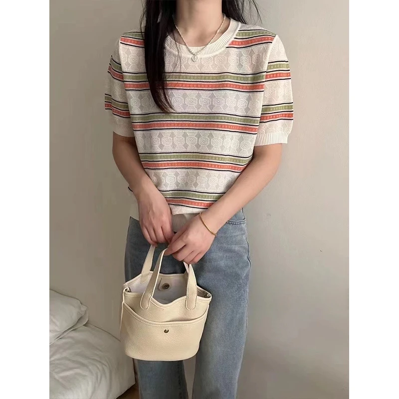 夏季圆领撞色宽松设计感小众针织短袖