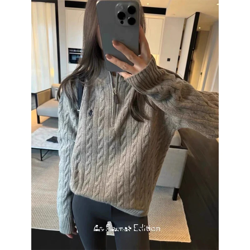 新款刺绣麻花半拉链针织套头毛衣简约气质百搭设计感上衣女