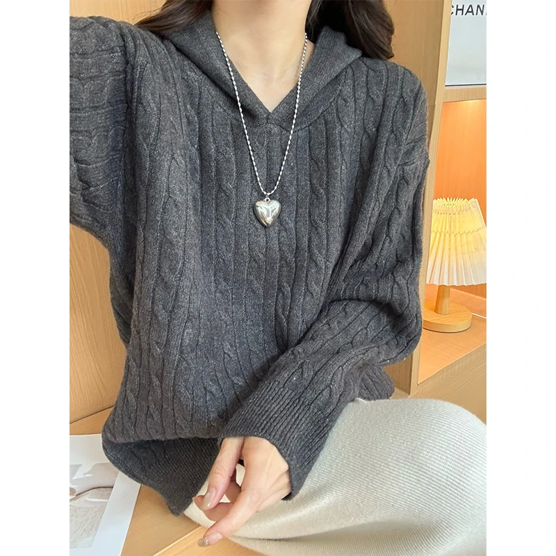 连帽复古麻花毛衣秋冬新款日系慵懒宽松软糯针织衫