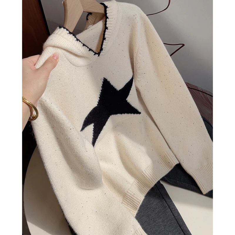 【星星珠片帽衫】新款简约百搭减龄连帽针织衫