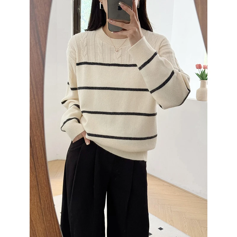 新款圆领百搭撞色条纹针织套头毛衣