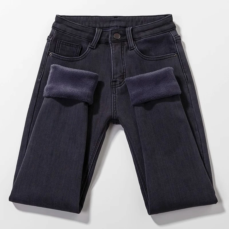 黑灰色高腰弹力加绒小脚牛仔裤女秋冬2023新款显瘦紧身九分铅笔裤